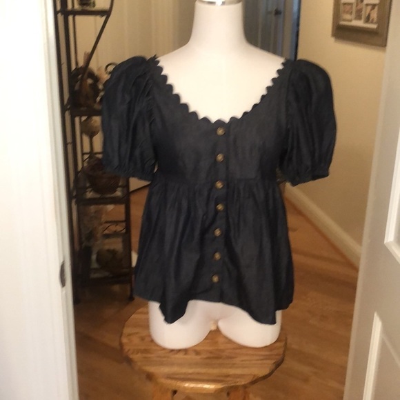 Kika Vargas Blue/Black Blouse with Scalloped Neck Size Various NWT - Picture 2 of 10